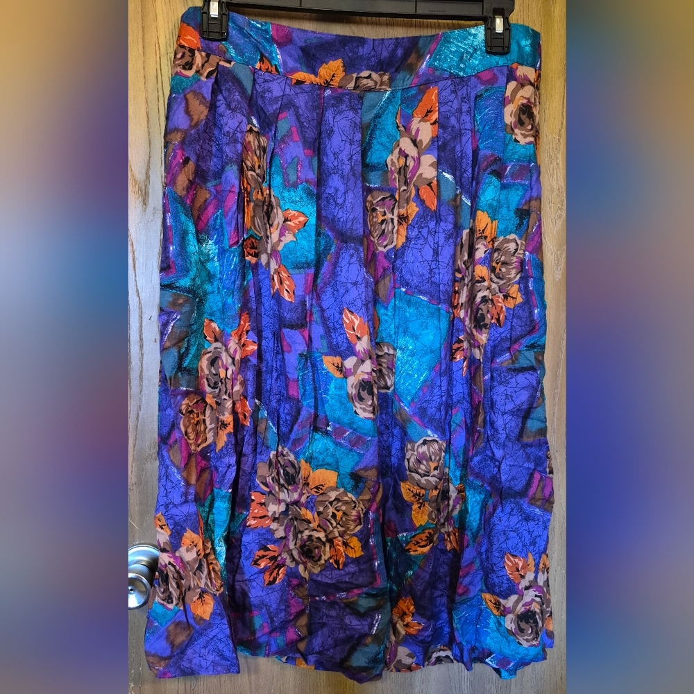 Vintage Psychedelic Floral Multicolor Midi Skirt  Academia Teacher Pockets Xl